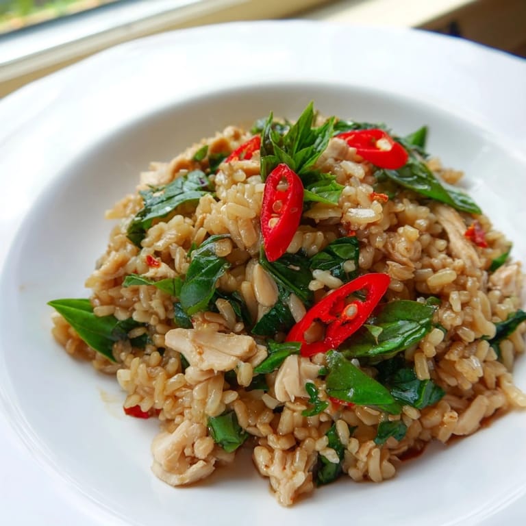 Thai Basil Chicken Fried Rice paired with crisp cucumber slices and fresh lime wedges on the side.