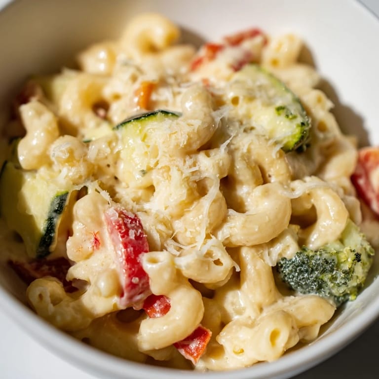 Close-up of Roasted Veggie Mac & Cheese with melted cheddar sauce and colorful roasted vegetables, garnished with fresh parsley.