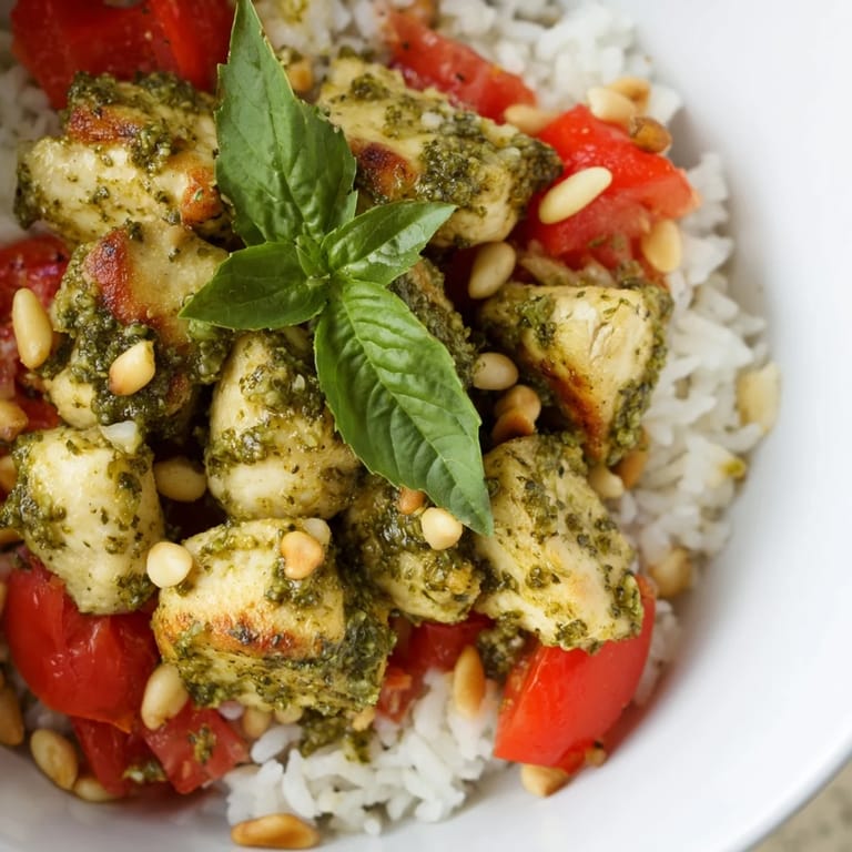 Savory pesto-coated chicken rests on fluffy white rice in this comforting main dish.