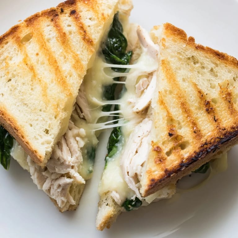 This Grilled Chicken Spinach Panini features juicy chicken, fresh spinach, and melted cheese on garlic-buttered bread.