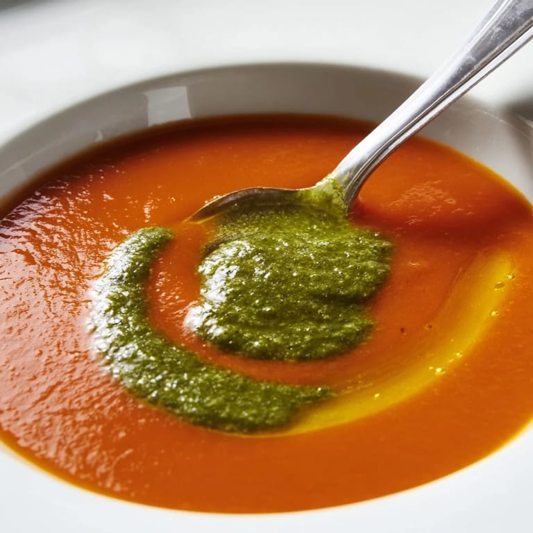 A vibrant swirl of fresh basil pesto crowns creamy Tomato Soup with Basil Pesto Swirl, ready to enjoy with a grilled cheese.