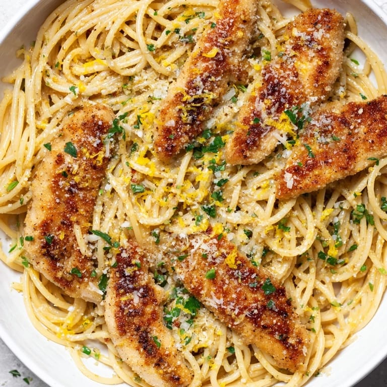 Tender pasta is coated in a glossy, nutty brown butter sauce with lemon, garlic, and juicy seared chicken.