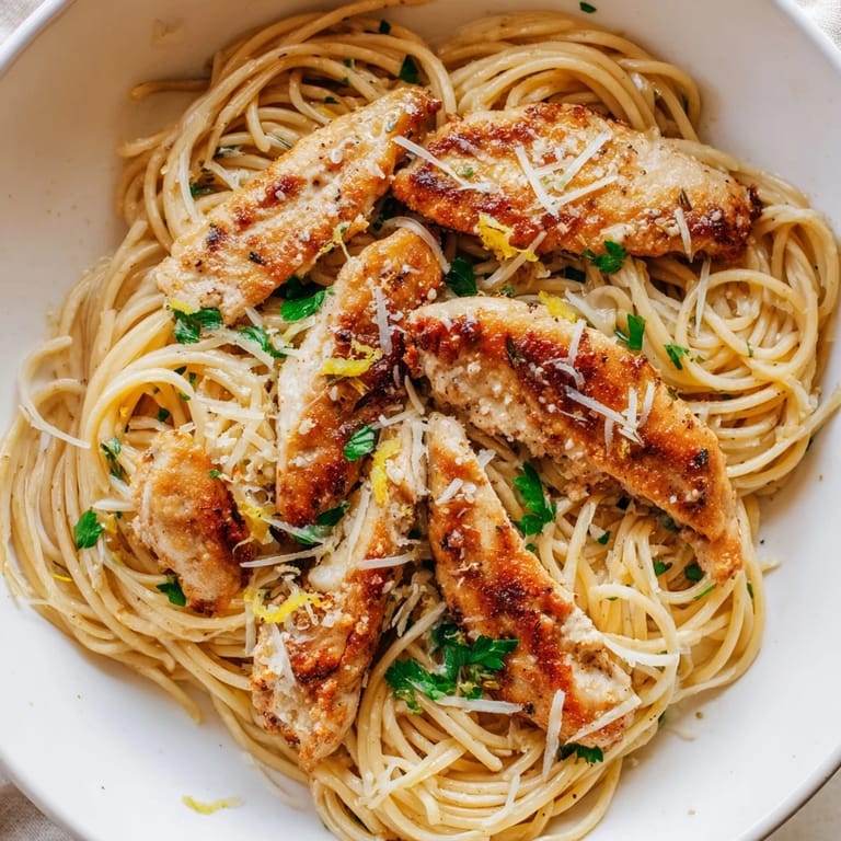 A rustic plate of Brown Butter Lemon Chicken Pasta, served with lemon wedges and fresh parsley for brightness.