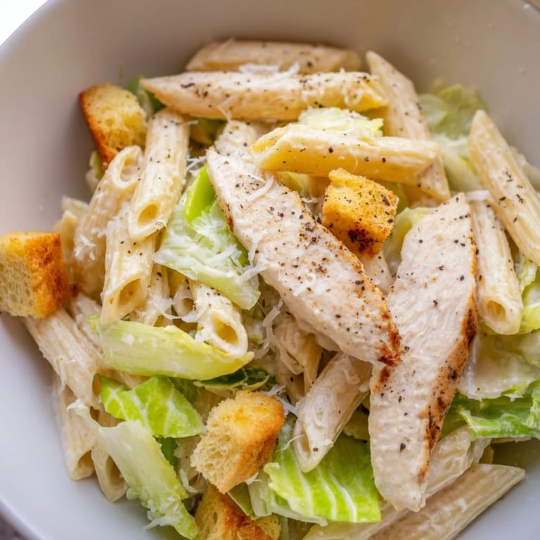 A hearty Caesar Pasta Chicken Bowl topped with garlic croutons and fresh Parmesan cheese.