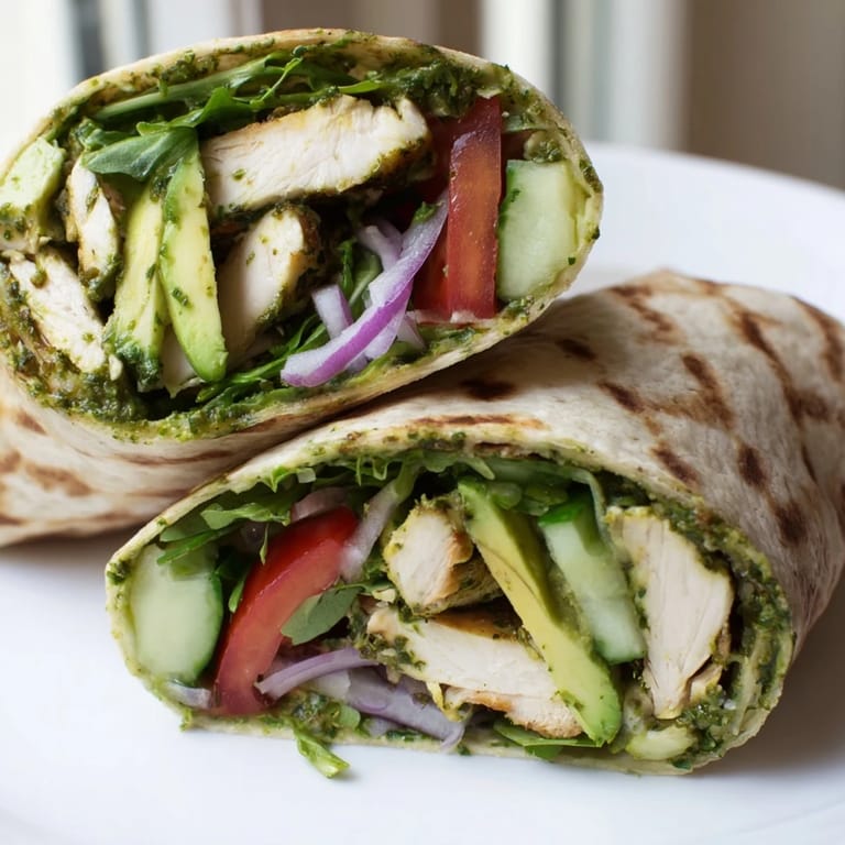 Sliced grilled chicken wrapped in a soft flour tortilla with salad greens, drizzled with zesty chimichurri.