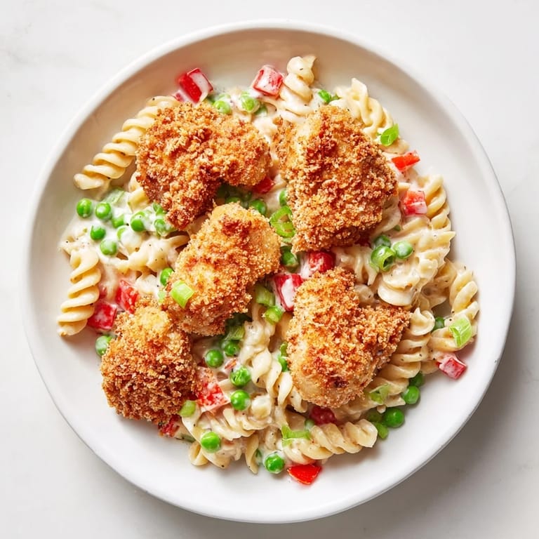Perfect for picnics or potlucks, this pasta salad features crunchy homemade chicken, fresh green onions, and a cool, tangy ranch sauce.