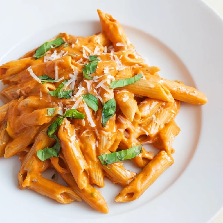 Creamy Roasted Red Pepper Pasta is served hot, with steam rising from the velvety sauce and a glass of white wine beside it.