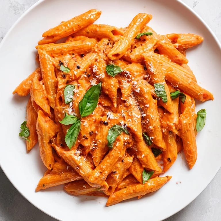 A close-up of Creamy Roasted Red Pepper Pasta in a white bowl, garnished with grated Parmesan and a side of crusty bread.  