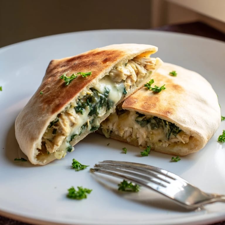 Crusty baked pita halves reveal a rich spinach artichoke chicken filling, garnished with fresh parsley.