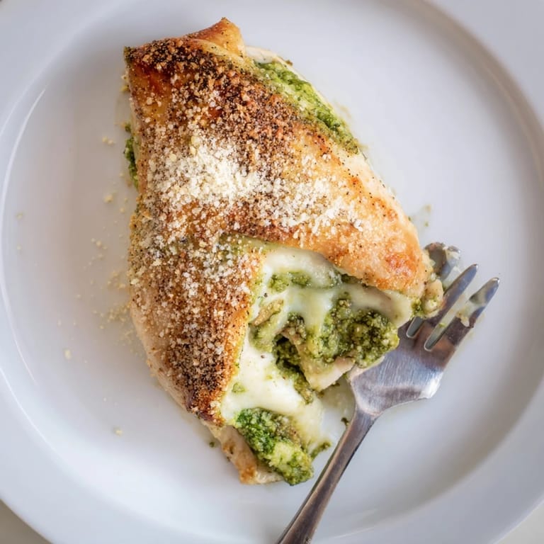 Tender sliced Mozzarella & Pesto Stuffed Chicken reveals a gooey mozzarella and vibrant green pesto filling, served alongside fresh roasted tomatoes.