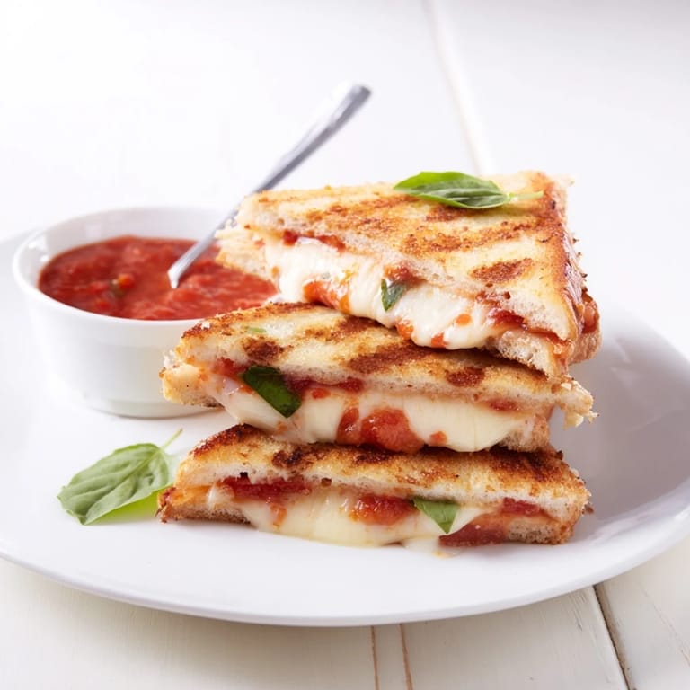 A close-up of warm Caprese Grilled Cheese Dippers, their cheesy centers stretching as a dippable strip is lifted from the plate.