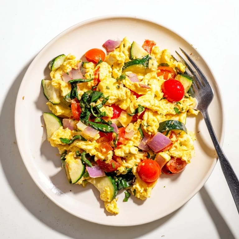 Soft, fluffy scrambled eggs in a pan, dotted with halved cherry tomatoes, fresh spinach, and diced red onions, ready for a quick breakfast.