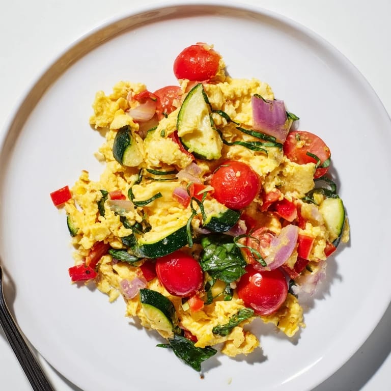 A vibrant bowl of Egg and Vegetable Scramble served with diced vegetables, garnished with fresh chives, perfect for a healthy vegetarian meal.
