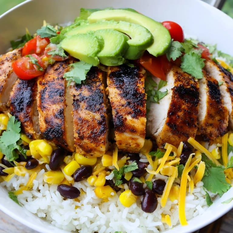 Spicy chicken burrito bowl with seasoned rice, black beans, corn, and creamy avocado, served with lime wedges for brightness.