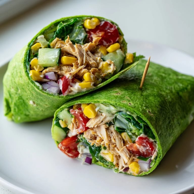 Hearty BBQ Chicken Salad Wrap filled with tender shredded chicken coated in tangy BBQ sauce, crunchy vegetables, and a creamy lime-paprika dressing, sliced to show the colorful layers.  