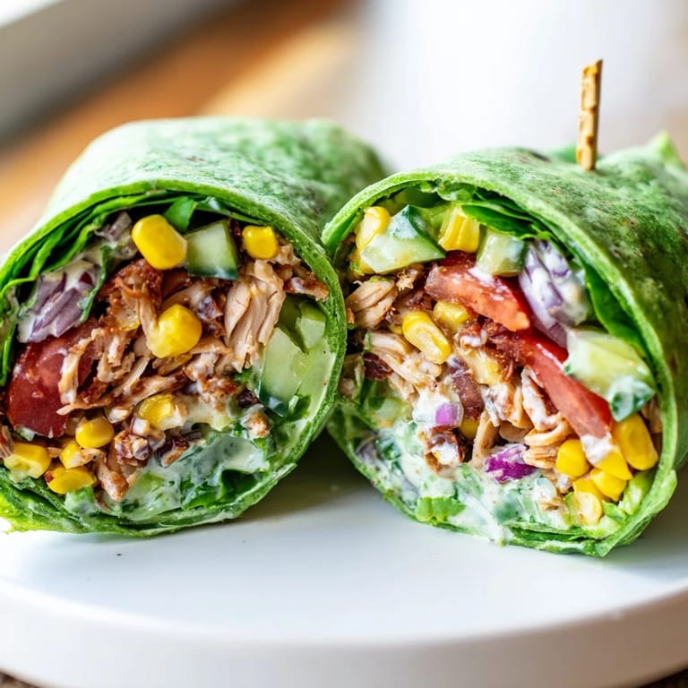 Lunch-ready BBQ Chicken Salad Wrap halves resting on a wooden board, revealing a filling of juicy chicken, vibrant veggies, and a fresh spinach tortilla, perfect for a quick meal.