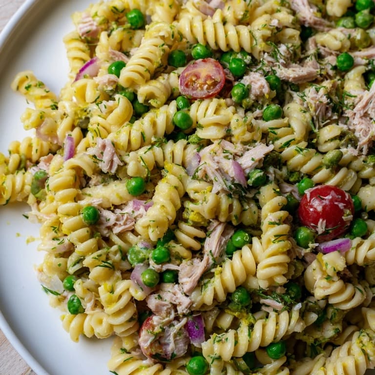 A close-up of Lemony Tuna Pasta Salad glistening with olive oil and lemon zest, garnished with fresh parsley and dill, perfect for a refreshing lunch.