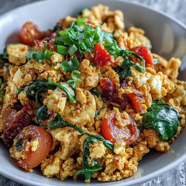 Hearty tofu scramble showcasing fluffy texture, ideal for a quick, satisfying brunch.