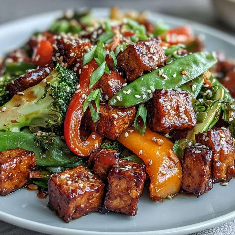 Close-up view of a vibrant Vegetable Tempeh Stir-Fry, highlighting the tender-crisp sugar snap peas and julienned carrots glistening with the aromatic glaze.
