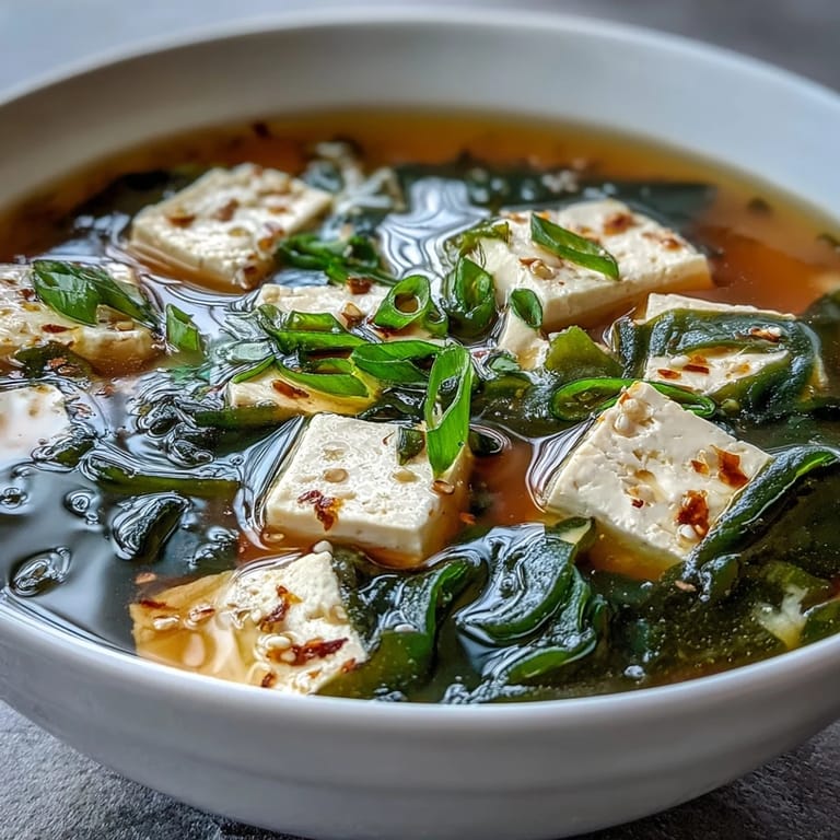 Close-up of miso soup with tofu, highlighting silky tofu cubes and wakame seaweed in savory dashi broth.