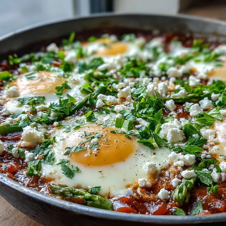 Hearty Pea and Broad Bean Shakshuka simmered in a spiced tomato sauce, with bright green peas and tender asparagus surrounding soft-poached eggs.