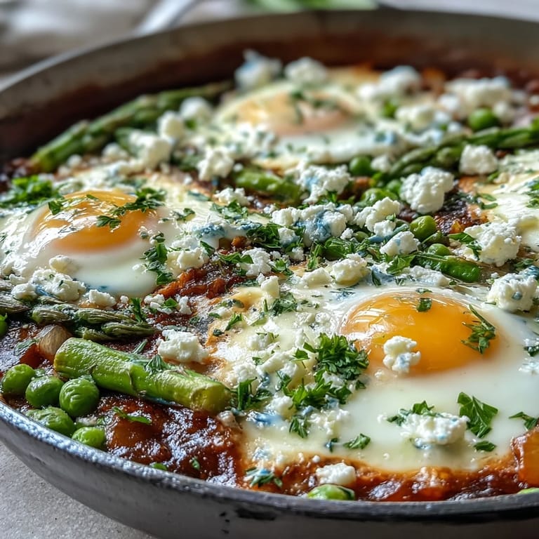 Close-up of a vibrant Pea and Broad Bean Shakshuka, showing runny yolks, creamy feta, and a drizzle of olive oil.