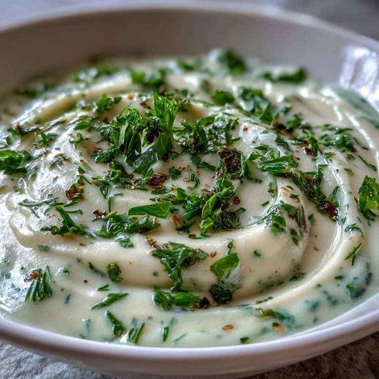 Bright green Creamy Celery and Herb Soup swirled with heavy cream, presented in a warm ceramic mug alongside a spoon, highlighting the velvety smooth texture.