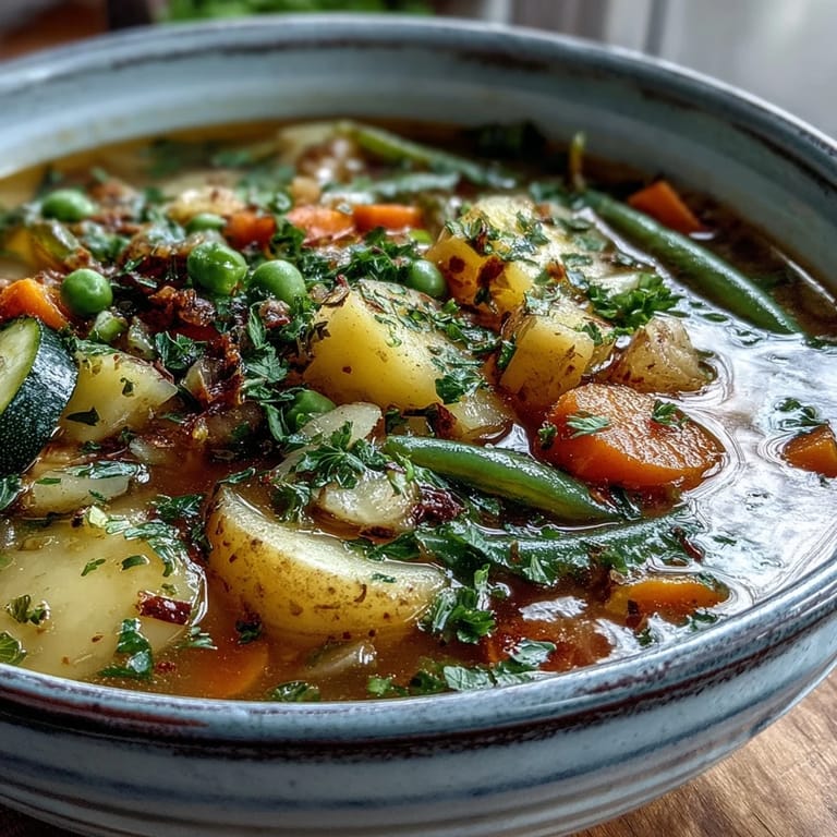 Hearty Potato and Vegetable Soup simmering in a pot, full of colorful, crisp-tender vegetables.