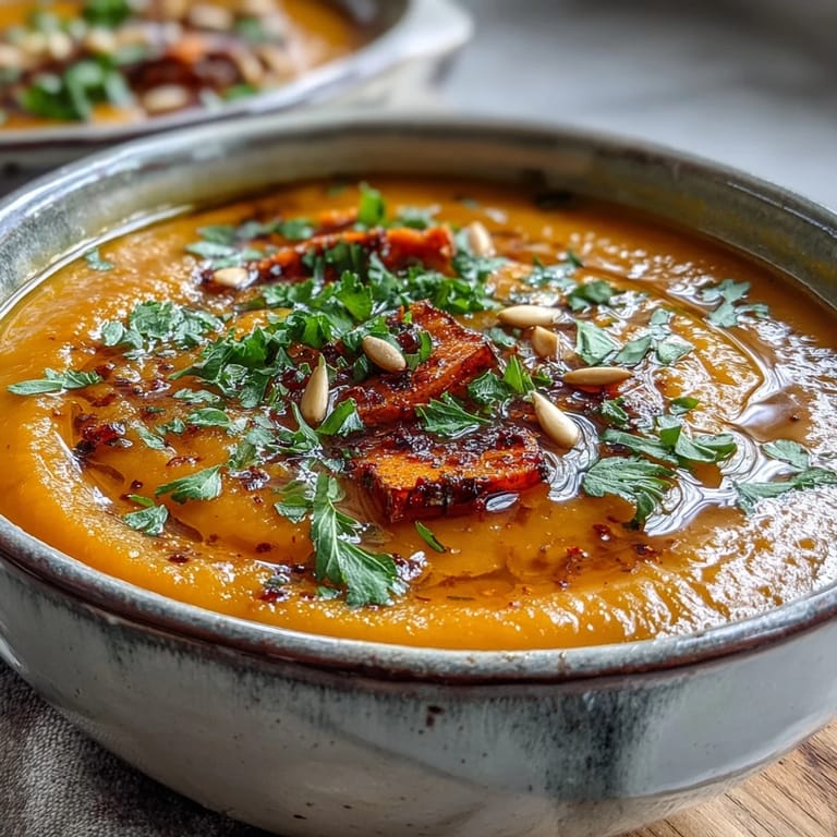 Creamy roasted vegetable soup served with rustic bread, perfect for a cozy vegetarian dinner.