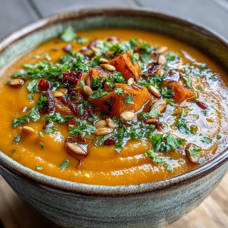 Golden roasted carrots and sweet potatoes blended into a velvety soup, finished with a drizzle of olive oil.