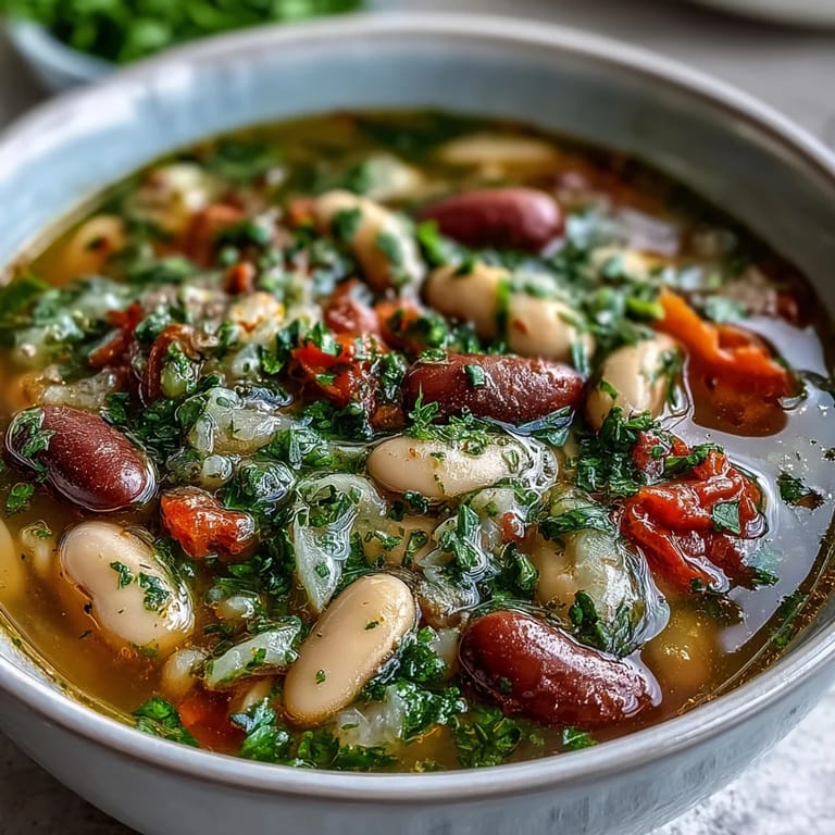 Three-Bean Salad Soup served hot, garnished with fresh parsley and cherry tomatoes alongside crusty artisan bread for dipping.
