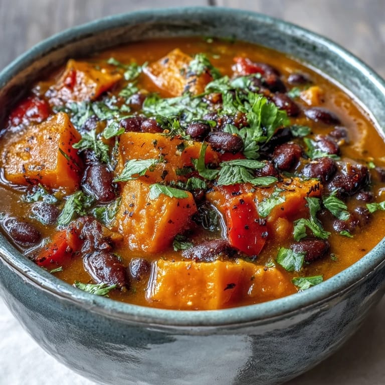 Garnished bowl of Sweet Potato and Black Bean Soup with a lime wedge on the side, ready to serve.