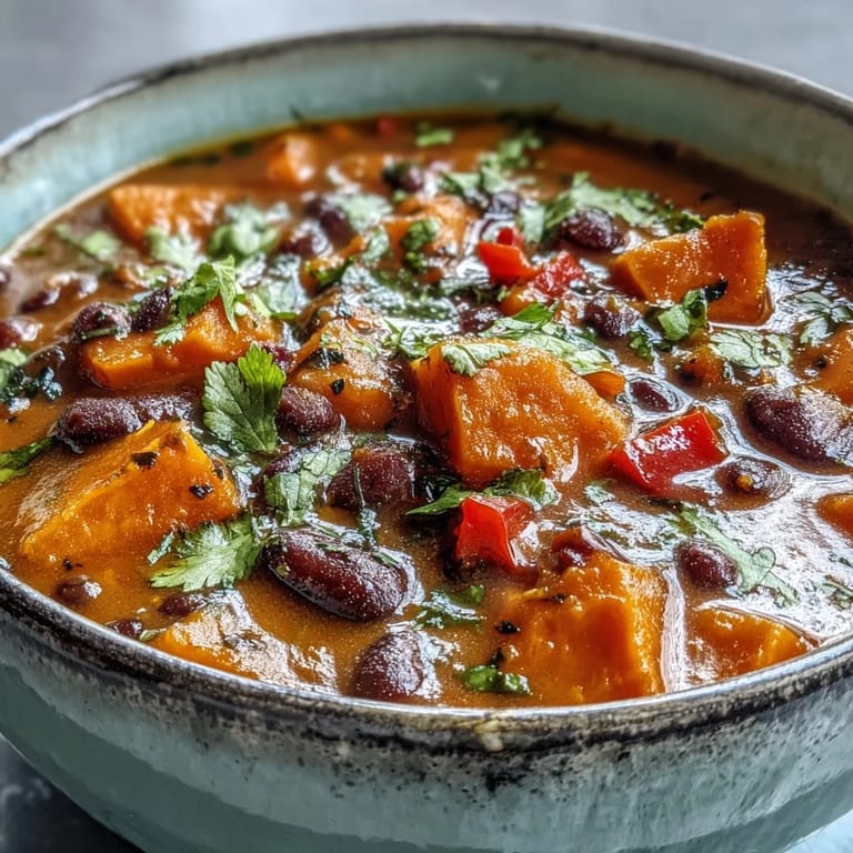 A close-up of the Sweet Potato and Black Bean Soup showing hearty beans and sweet potato chunks in a rich red broth.
