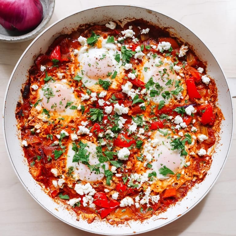 Shakshuka served in a cast-iron skillet, garnished with fresh parsley and crumbled feta, ready to be scooped up with bread.