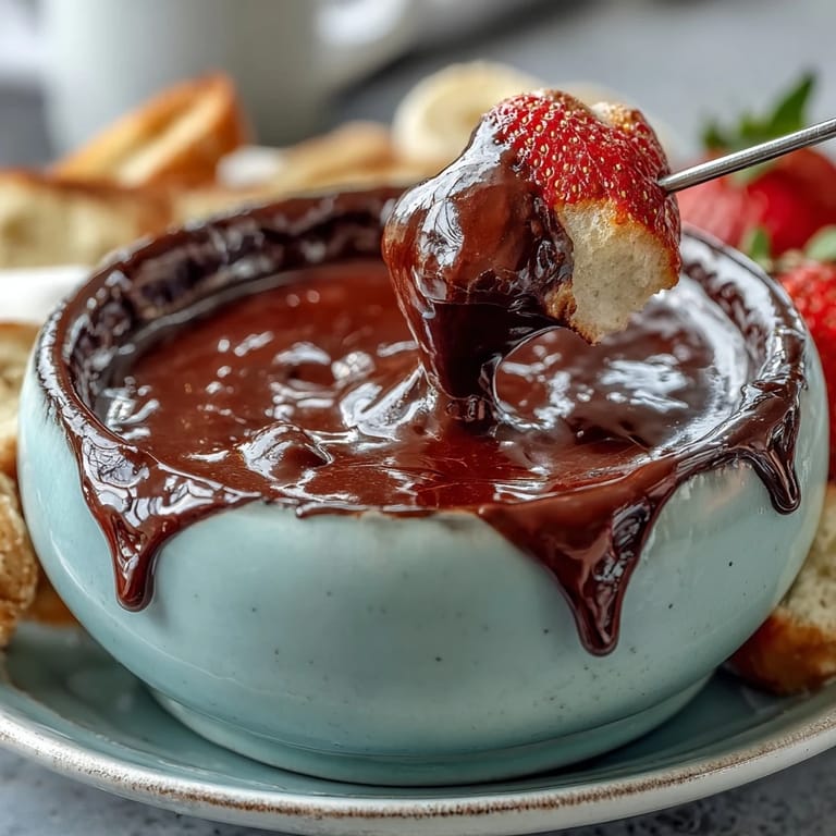 Decadent Boozy Chocolate Fondue with melted chocolate and colorful fruit skewers for a party.