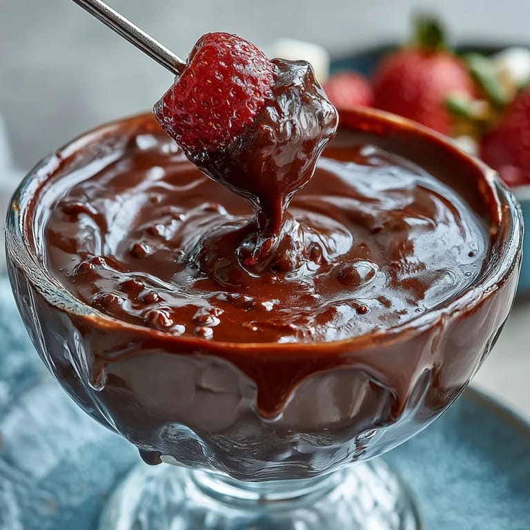 A warm pot of Boozy Chocolate Fondue with strawberries and pretzels on the platter.