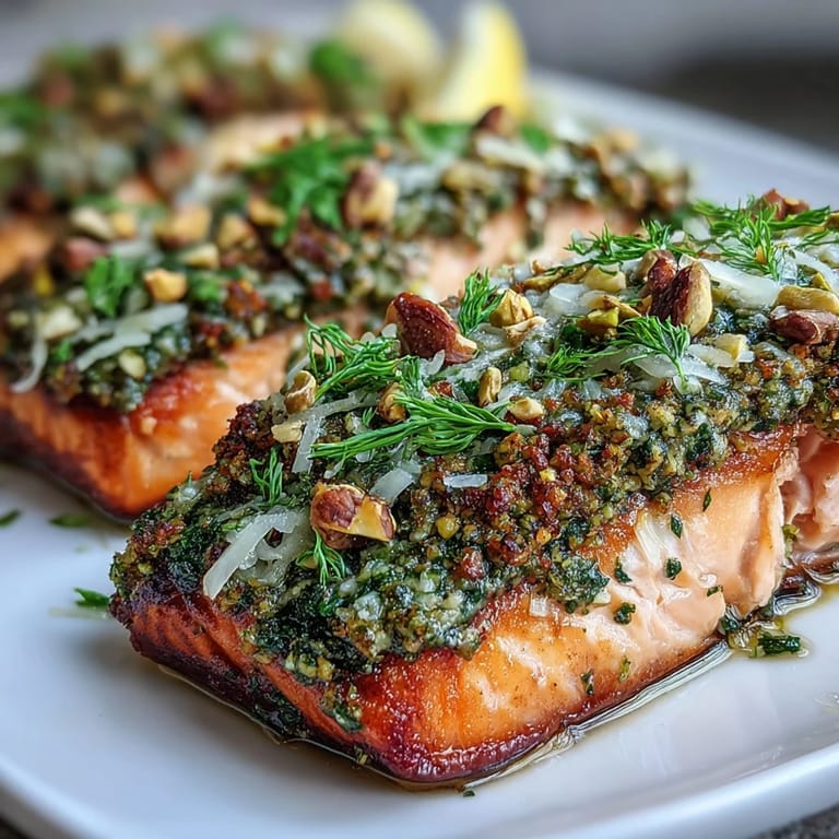 A close-up shows Confit Salmon With Tahini, Pistachio and Herb Crust, its green-flecked topping sprinkled with fresh herbs next to a vibrant salad.
