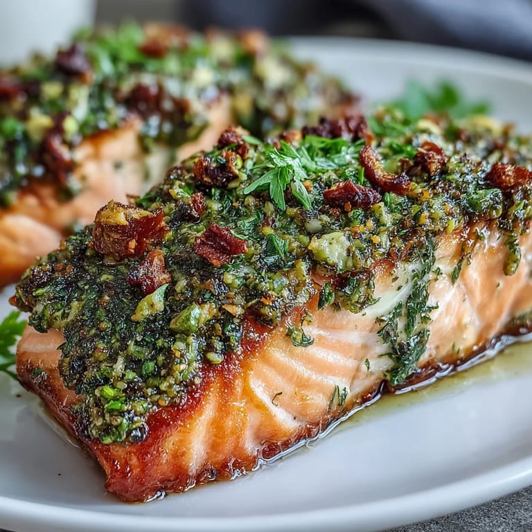 Golden-baked Confit Salmon With Tahini, Pistachio and Herb Crust plated warmly, drizzled with olive oil and ready to serve with flatbread.
