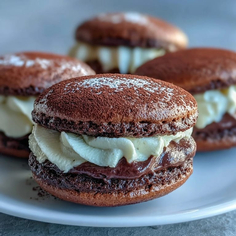 Tiramisu Whoopie Pies dusted with cocoa powder sit on a rustic wooden board.