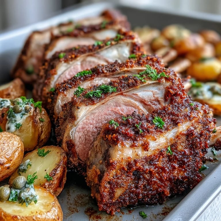 A juicy rack of lamb roasted to medium-rare with herb crust, resting alongside crispy potatoes studded with bright green olives on a parchment-lined tray.