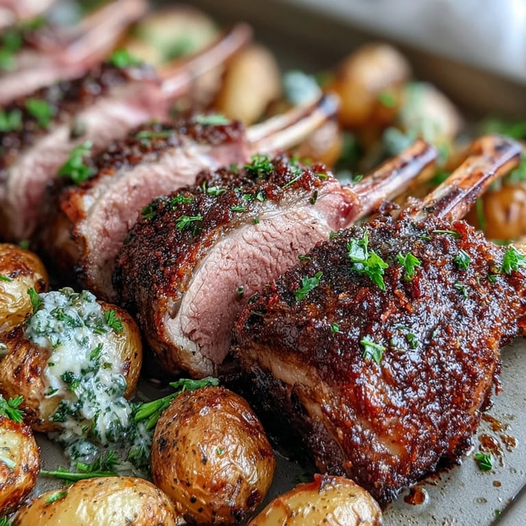 A romantic dinner for two featuring tender rosemary-crusted lamb chops and Mediterranean-style potatoes mixed with briny olives, fresh parsley, and zesty lemon.