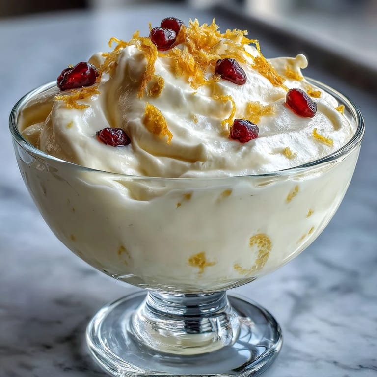 Chilled Lemon Fool in a dessert dish, featuring a silky lemon cream texture and a dusting of powdered sugar.