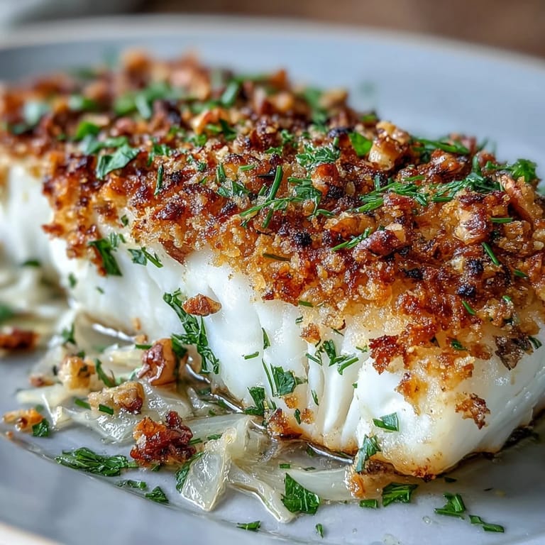 Crunchy golden walnut pangrattato tops a fillet of Baked Halibut With Fennel, Lemon and Walnut Pangrattato, baked until perfectly tender.