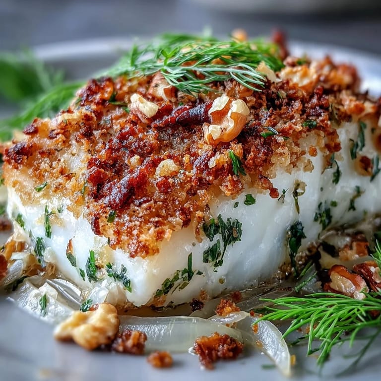 Succulent Baked Halibut with Fennel, Lemon and Walnut Pangrattato is plated with greens, highlighting the flaky white fish and herbs.