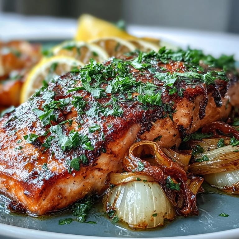 A rustic serving of One-Pan Roast Salmon With Leeks, Onions, and Parsley Dressing features caramelized onions and lemon slices.