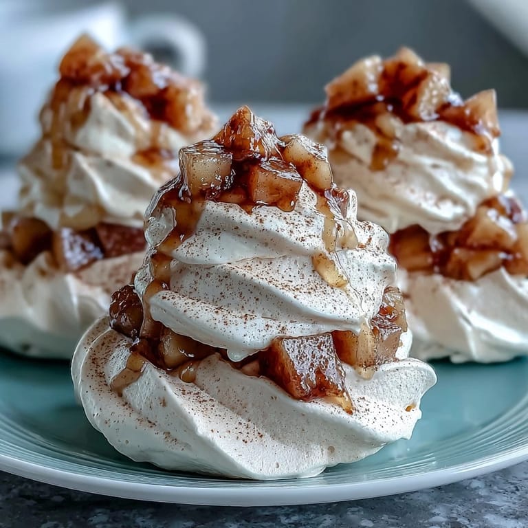 A close-up shows a Mini Hot Toddy Pavlova with a cloud of whipped cream, tender spiced pears, and a drizzle of glossy syrup.