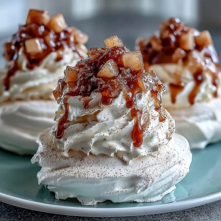 Golden meringue nests hold velvety whipped cream and diced pears, highlighting the gluten-free Mini Hot Toddy Pavlova dessert for a holiday table.