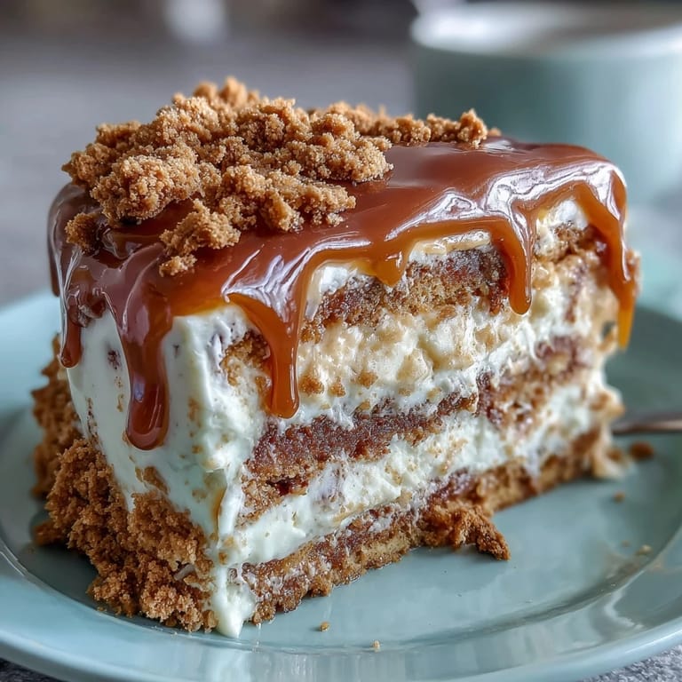 Warm slice of Decadent Baked Biscoff Cake with Creamy Lotus Frosting, showing moist vanilla sponge packed with crunchy cookie bits and a dollop of silky frosting on the plate.
