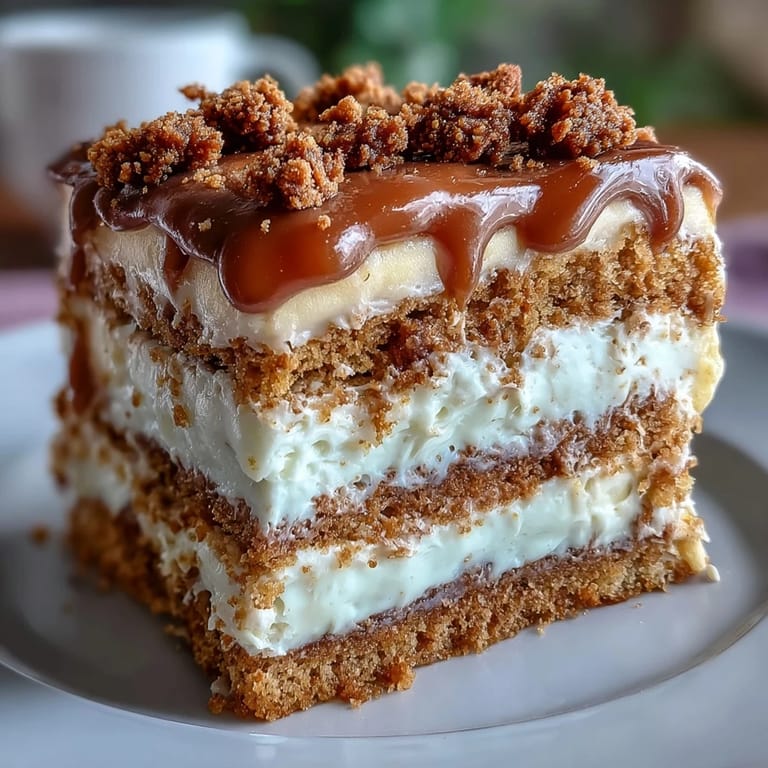 Side view of Decadent Baked Biscoff Cake with Creamy Lotus Frosting, highlighting the golden baked crust and thick layers of creamy frosting in a rustic kitchen setting.