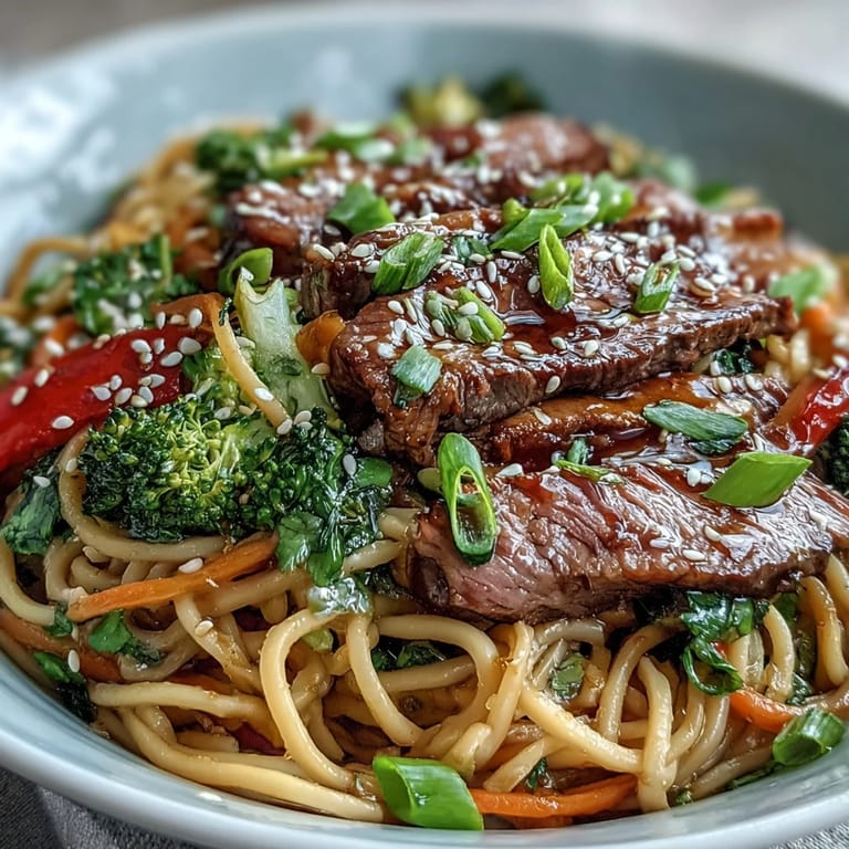 Silky rice noodles mingle with browned flank steak, broccoli, bell peppers, and carrots in a wok.